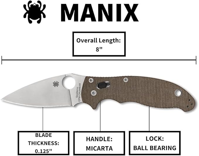 Spyderco Manix 2 Folding Pocket Knife with 3.3 CPM Cru-Wear Steel Blade and Micarta Handle - EDC Knife for Men and Women Perfect for Hunting Tactical Camping Survival - PlainEdge - C101MPCW2