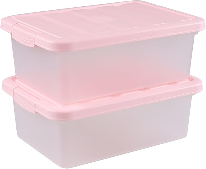 Rosebloom 14 Quart Plastic Storage Box Latching Storage Bin with Pink Lid 2 Packs