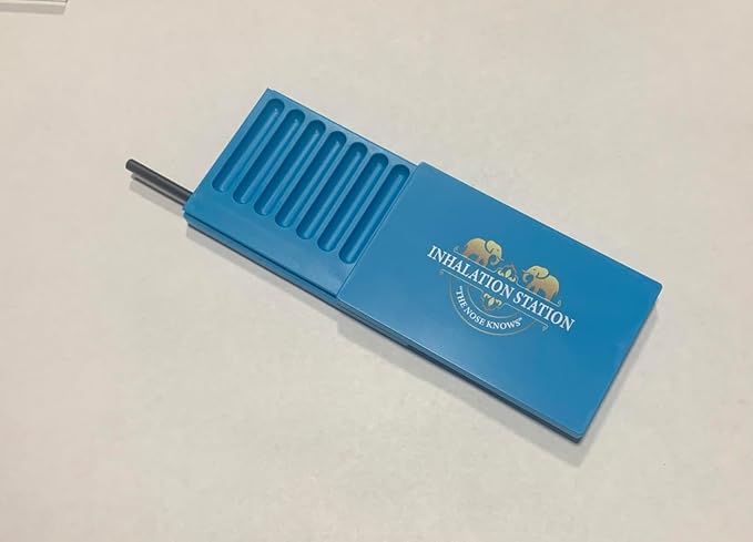 Inhalation Station Turquoise Blue 7 Slot Snuff Storage Box w/Built in Slim 3 Metal Straw Portable Travel Case