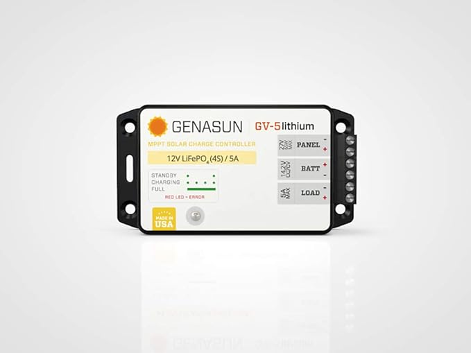 Genasun GV-5-Li-14.2V 5 A MPPT Solar Charge Controller for Lithium (4S LiFePo4) Battery and 5 A Load Output with Low Voltage Disconnect (LVD)