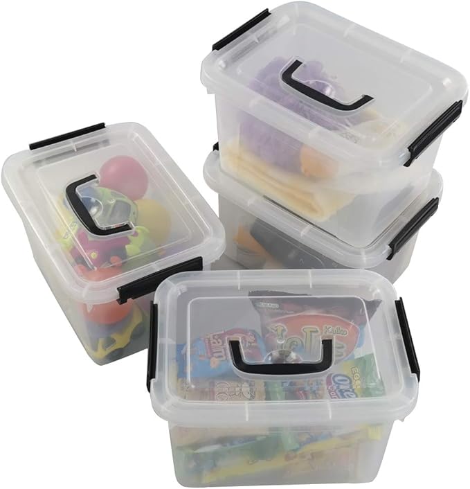 Begale 5 Quart Plastic Small Storage Container Clear Latch Box with Latches 4-Pack
