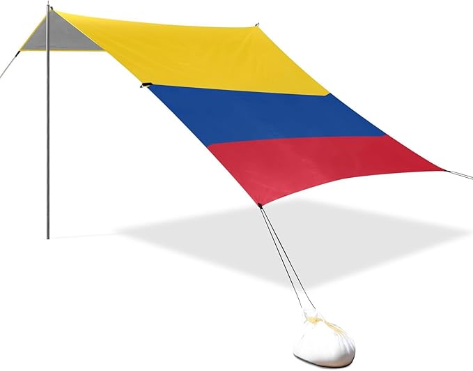 Colombia Colombian National Flags Blue Red Yellow Foldable Beach Cabana UPF50+ Protection Easy Setup Sun Shelter with Sandbags Sand Shovel Poles for Backyard and Camping