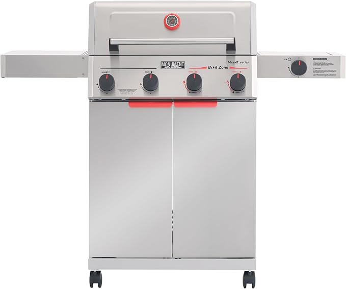 Monument Grills 4+1 Burner Stainless Steel 525 sq.in Propane Gas Grill 49000 BTU Assembles in 30 Mins Outdoor Mesa 2 Patio Grill with Broil Zone Side Burner Foldable Side Shelf Mesa II 415BZ