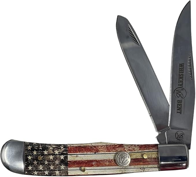 WHISKEY BENT HAT CO. Traditional Trapper Folding Pocket Knife 4.125 Closed Length 440C Stainless Steel Blades (Patriot)