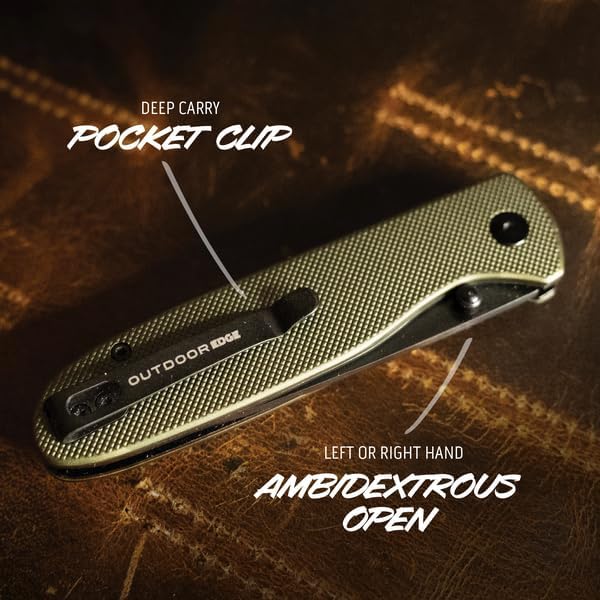 OUTDOOR EDGE Dirk 3.25 Black Drop Point Blade - Green Aluminium Scales Handle with Button Lock Operation Ambidextrous Opening Perfect for Men &amp Women Lightweight for Camping Fishing &amp Hunt