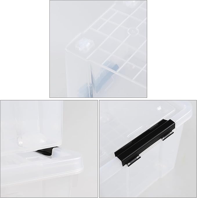 Set of 4 50 L Stackable Plastic Storage Container with Latching Lids and Wheels Clear Home Garage Organization Bins Box See-Through