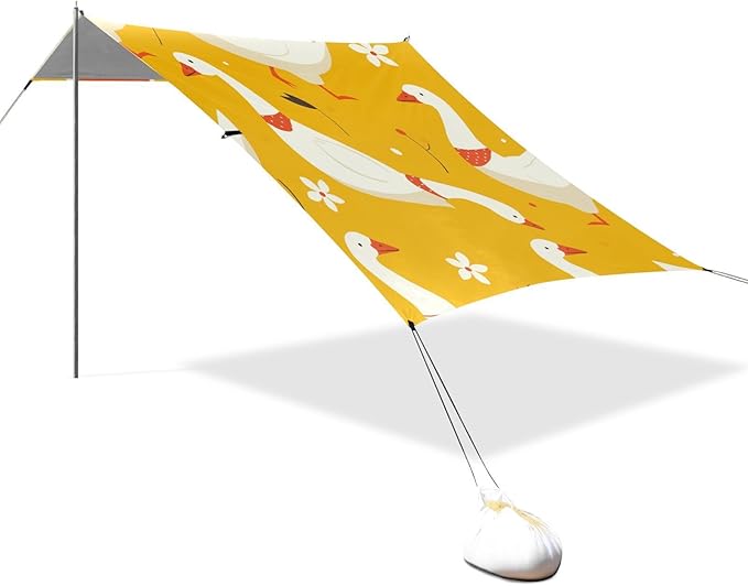 Cute Goose Cartoo Beach Canopy UPF50+ Water-Resistant Sun Shelter with Sandbags &amp Sand Shovel for Camping Picnics Backyard