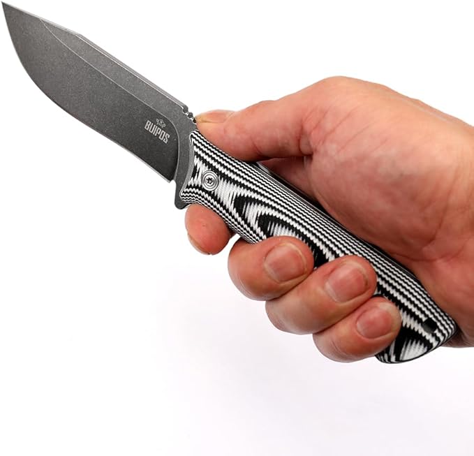 BUIPOS BD06 Fixed Blade Knife DC53 Stone Wash Steel Blade Two-color G10 Handle Full Edge Knife for Outdoor Camping Trekking Hunting Fishing (White Black) (Black handle and black blade)