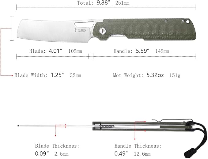 4.01 EDC Folding Knife Camping Chef Pocket Knife for Man Micarta Handle with Pocket Clip for Outdoor Cooking Fishing &amp Hiking. 59-60 HRC D2 Steel Satin Blade. XUN119A-GMS