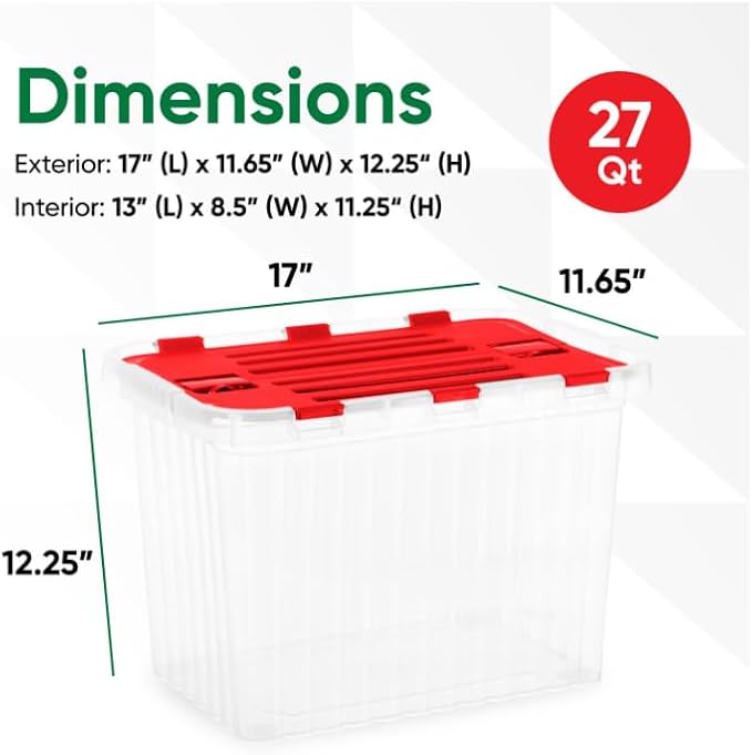 Superio Red Storage Box with Red Hinged Lids 4 Pack Plastic Container Bins for Organizing with Attached Lid Stackable Crates BPA Free Organizers for Home Office Dorm (4 27.5 Quart)