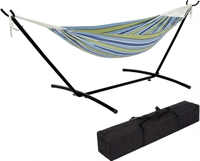 Hammock with Stand 2 Person Heavy Duty Hammock with Soft Pillow &amp Balance Ropes Stand Alone Hammock with Curved Spreader Bar Portable Outdoor Hammock for PatioBeach BackyardBlue Green Stripe