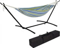 Hammock with Stand 2 Person Heavy Duty Hammock with Soft Pillow &amp Balance Ropes Stand Alone Hammock with Curved Spreader Bar Portable Outdoor Hammock for PatioBeach BackyardBlue Green Stripe