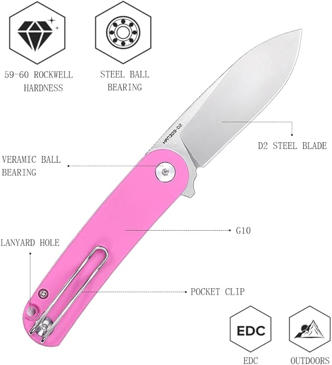 Small EDC Folding Pocket Knife for Woman - 2.59 Mini D2 Steel Satin Blade G10 Handle with Clip Classic Design for Outdoor Camping Hiking &amp Everyday Carry Man. Han309-PinkGS