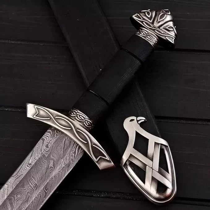 Viking Sword – Real Damascus Steel Battle-Ready Northman Swords | Handmade Functional Viking Sword Prop | Gift for Him Prop Tools with Origional Leather Scabbard