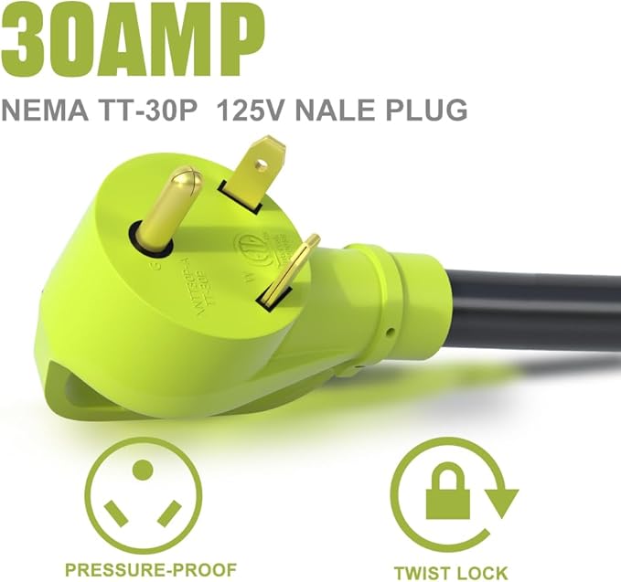 30 amp to 110 adapterNEMA TT-30P Male to 3X 5-20R T-Blade Household ConnectorsGenerator 30 amp to 20 amp adapter10 AWG STW (1FT)