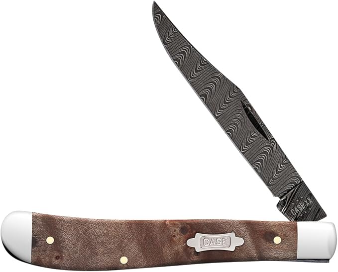 Case XX Pocket Knife SLIMLINE TRAPPER - NATURAL MAPLE BURL WOOD LADDER DAMASCUS Item #15096-71048 DAM - Length Closed: 4 1/8Inches