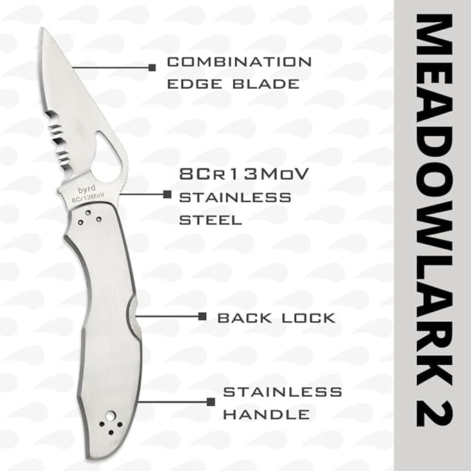 Spyderco Byrd Meadowlark 2 Knife with 2.90 Steel Blade and Durable Stainless Steel Handle - CombinationEdge - BY04PS2