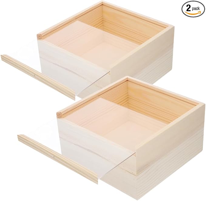 LOGOFUN 2Pcs Unfinished Wooden Display Box with Acrylic Slid Lid Wood Keepsake Storage Box Wooden Sliding Top Storage Holder - 20x20x10cm