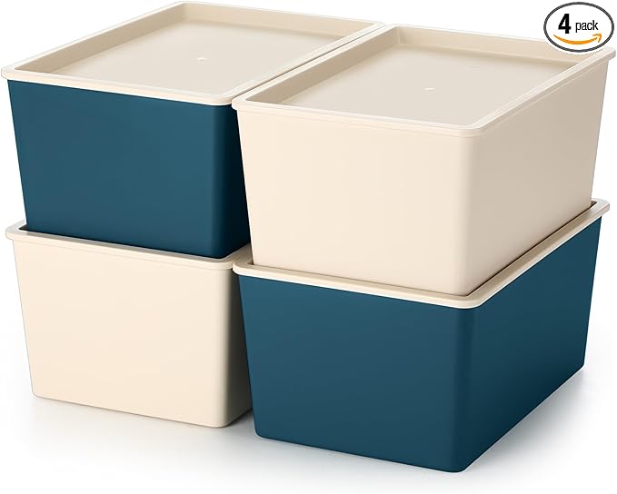 Menkxi 4 Pcs Storage Bins with Lids Plastic Stackable Containers for Organizing Shelves Christmas Ornament Box Baskets(Beige BlueSmall)
