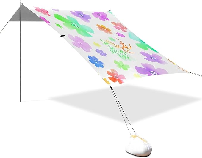 Beach Canopy with Windproof Ropes &amp Sandbags Beach Tent Sun Shade Sun Shelter for Camping Trips Fishing Backyard Fun or Picnics Wildflowers