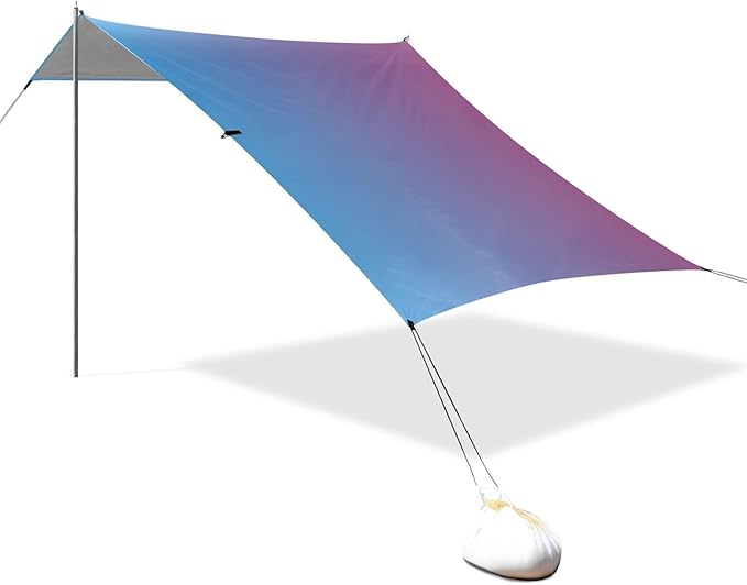 Blue Gradient Foldable Beach Cabana UPF50+ Lightweight Large Sun Shelter Includes Sand Shovel Sandbags Stability Poles for Backyard and Camping