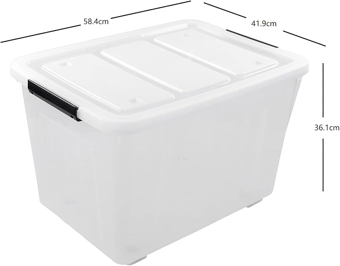 Xyskin Large Storage Bin with Buckle Down Lid Clear Plastic Storage Organizer Container with Wheels 70 L 4 Pack