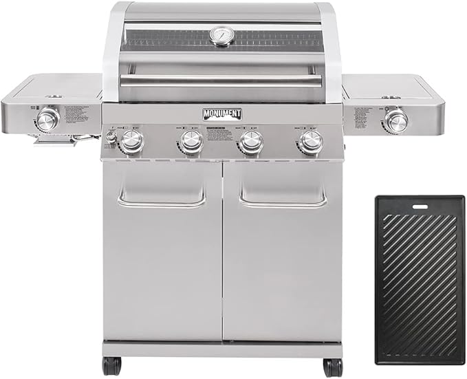 Monument Grills Larger 4-Burner Propane Gas Grills Stainless Steel Cabinet Style with Infrared Side Sear &amp Side Burners with Cooking Plate(2 Items) Outdoor Use