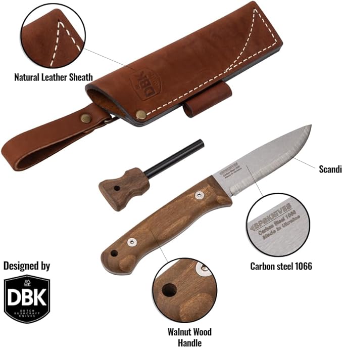 BPSKNIVES Bushmate 2.0 Designed by DBK - Bushcraft Knife - Fixed-Blade Carbon Steel Knife with Leather Sheath &amp Firestarter - Outdoor Full Tang Camping Survival Knives