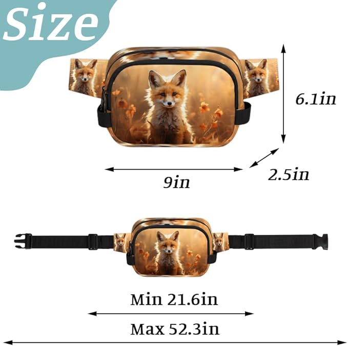 Watercolour Fox Flower Field Waterproof Fanny Pack for Women Men Adjustable Waist Bag with Double Zipper Pockets Lightweight Square Hip Pack for Running Travel Hiking Workout Cycling