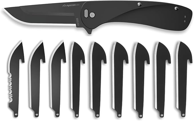 OUTDOOR EDGE RAZOR VX1 Black with 3 Black Drop Point Blades 1 Serrated Blade &amp 6 Sheepsfoot - Replaceable Blade EDC Folding Pocket Knife - 3 Stainless Blade Black Anodized Aluminum Handle
