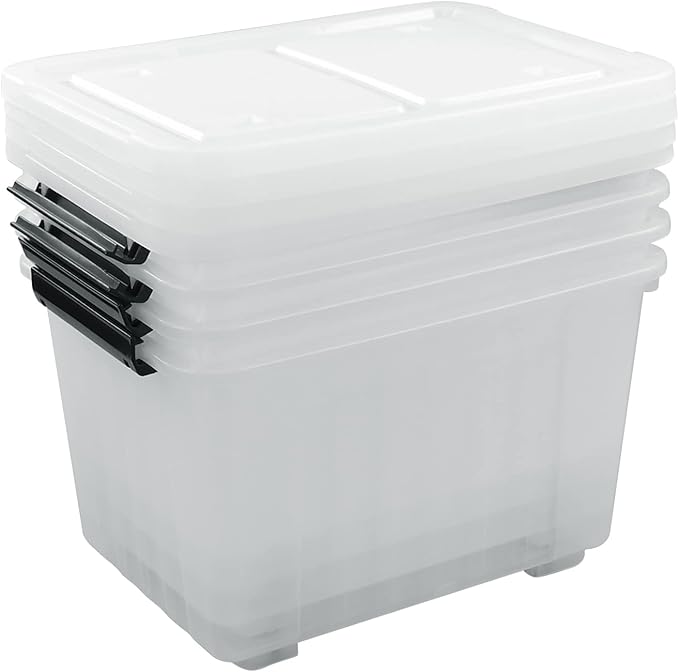 4-Pack 35 Quart Plastic Storage Bin with Secure Lid and Latching Buckles Stackable Wheeled Container Box