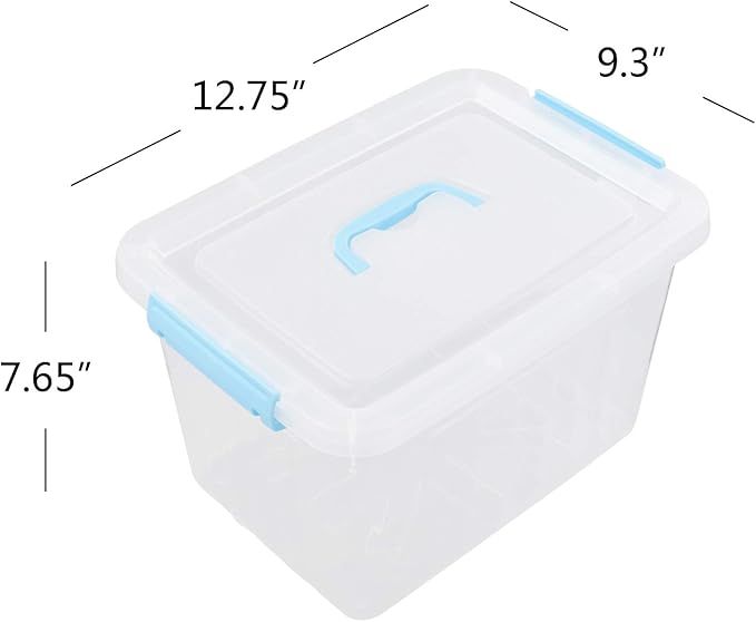 Hespama 12 Quart Storage Bin Plastic Latching Box/Container with Clear Lid Blue Handle and Latches 1 Pack