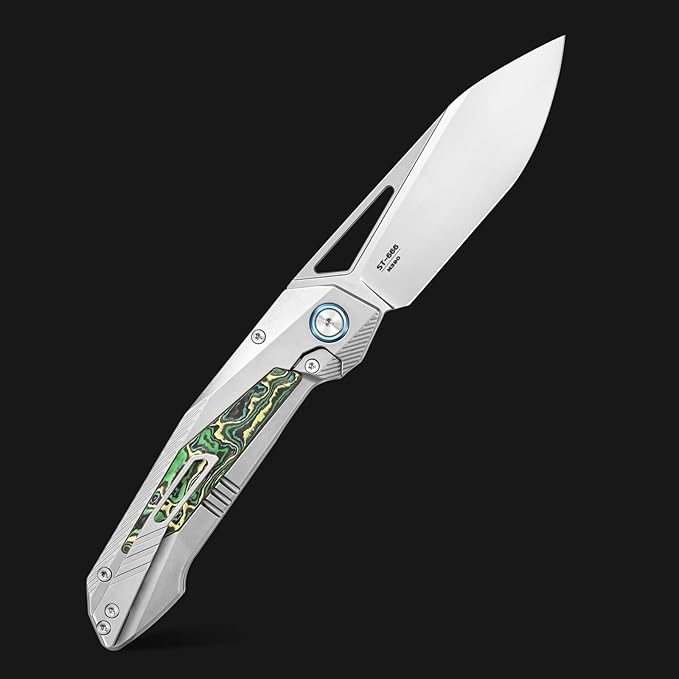 Sitivien ST666 Folding KnifeHandmade M390 Pearlescent Polishing BladeTitanium &amp Colorful Carbon Fiber Handle Pocket Knife EDC Tool Knifes for Outdoor CampingHikingHunting(Green)