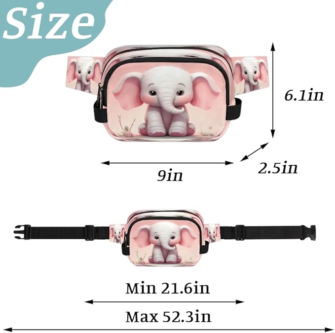 Cute Cartoon Elephant Waterproof Fanny Pack for Women Men Adjustable Waist Bag with Double Zipper Pockets Lightweight Square Hip Pack for Running Travel Hiking Workout Cycling
