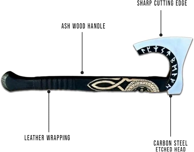 Handmade Carbon Steel Viking Axe with Runes Viking Tomahawk Axe with Handmade Leather Sheath Best Camping Axe