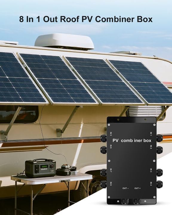 Roof Combiner Box for Solar Panels Weatherproof PV Combiner Box for RV and Off-Grid/Grid-Connected Solar Systems 8 in 1 Out Solar Panel Connection Box IP68 Waterproof