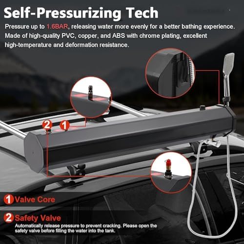 30L Pressurized Water Tank for Camping Shower - Solar Roof Rack Water Storage with Hose &amp Shower Head for Trucks RVs SUVs &amp Off-Road Vehicles