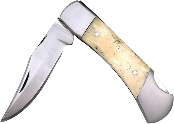7 Handmade Folding Pocket Knife – 3 440 Stainless Steel Clip Point Blade – Silver Bolster – Genuine Leather Sheath Included (White Bone)