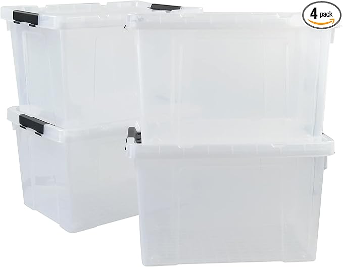 50 Quart Plastic Storage Bin Stackable and Nestable Storage Boxes with Clear Lids and Secure Latching Buckles Large Storage Container with Wheels (Clear 50Quart-4Pack)