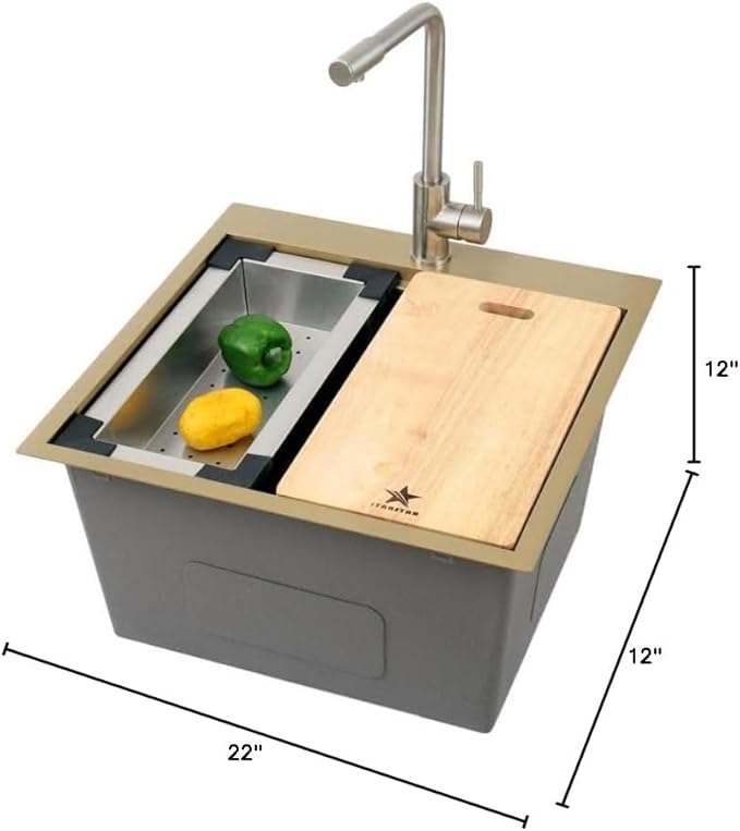 STARSTAR Workstation Ledge Topmount/Drop-in Single Bowl Satin Matte 304 Stainless Steel Kitchen/Yard/Bar/Laundry/Office Sink With Grid Colander Cutting Board Strainer (22x22x12 Gold)