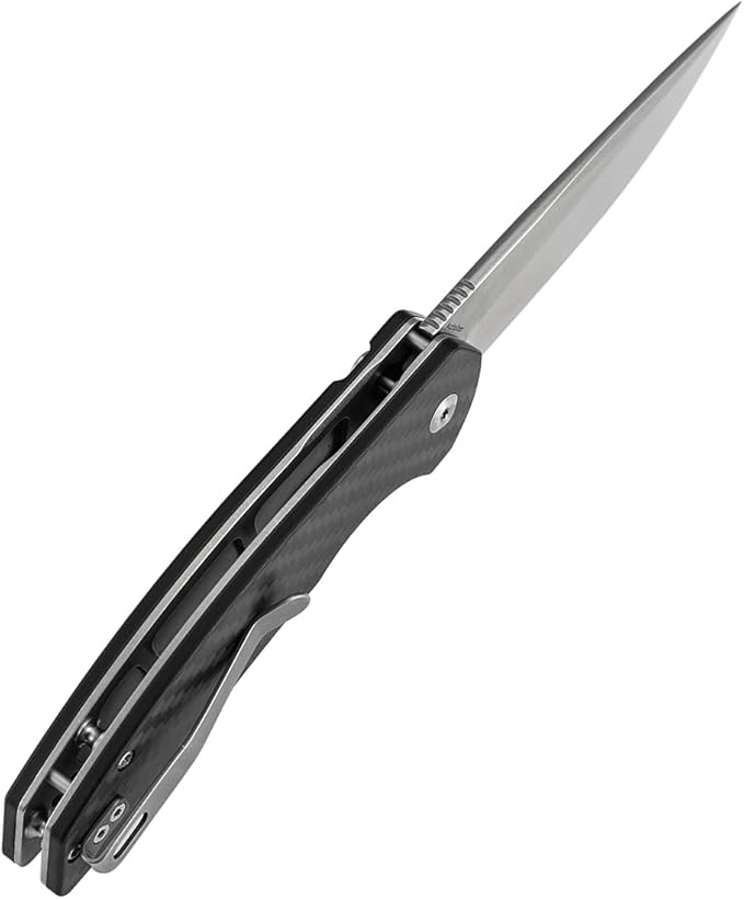 KANSEPT Accipiter Pocket Knife 3.53 Stonewashed 14C28N Blade Twill Carbon FIber Handle Flipper Open &amp Button Lock with Deep Clip EDC Folding Knives for Camping Hunting Survival T1007F2