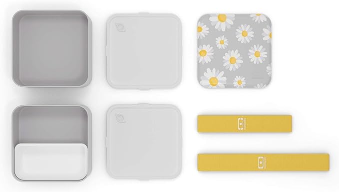 monbento - Large Bento Lunch Box MB Square Daisy with 2 Compartments - 57 oz -3 Leakproof Lunch Box for Work/Picnic/Meal Prep - BPA Free - Microwave &amp Dishwasher Safe - Flowers Pattern - Grey