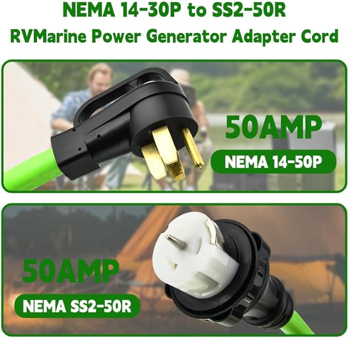 NEMA 14-50P to SS2-50R 50FT RV Generator Extension Cord 125/250V 50 Amp 14-50P Male Connector to SS2-50R Twist Lock Female RV Connector for RV EV Camper Generator
