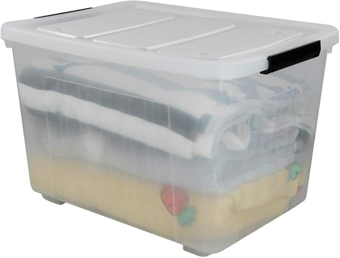 Kekow 70 L Clear Large Storage Box Plastic Latch Box with Wheels 4-Pack