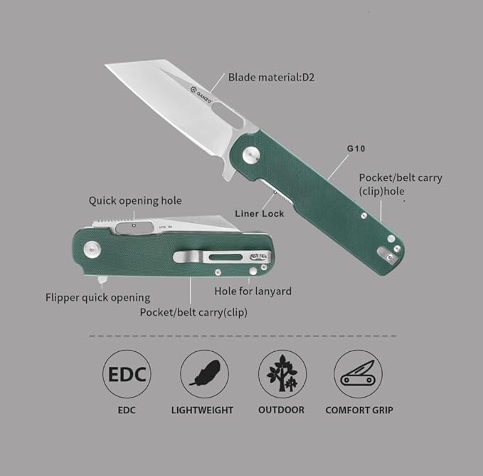 Ganzo G770-GR EDC Folding Pocket Knife Razor Sharp D2 Stainless Steel Blade G10 Handle with Clip Outdoor Foldable Not Automatic Knife Hunting Fishing Hiking Gear Best Gift for Men (Green)