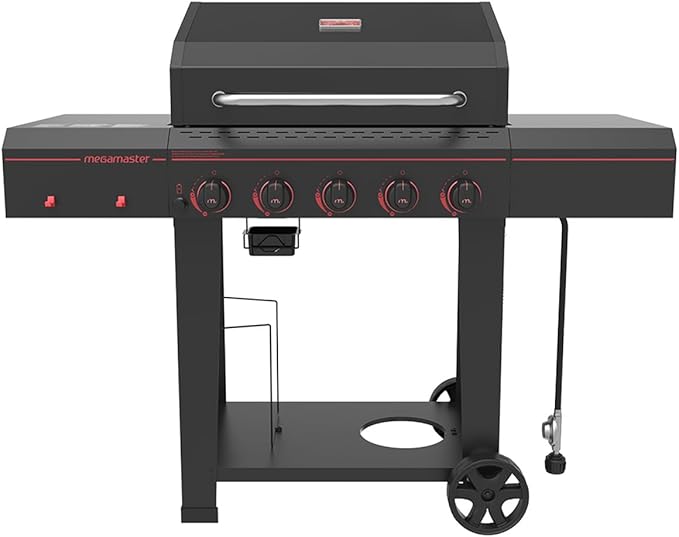 Megamaster 5-Burner Propane Gas Grill with Side Tables Accessory Hooks 50000 BTUs 656 SQ. In. Cooking Space 2 Wheel Transport Outdoor Kitchen Grill for BBQs Backyards and More - 720-0982
