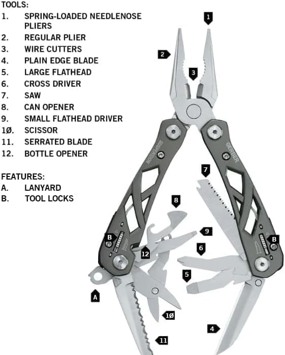 Gerber Gear Suspension 12-in-1 EDC Multi-Plier Multitool with Pocket Knife Needle Nose Pliers Wire Cutters and More Gifts for Men Camping and Survival Grey