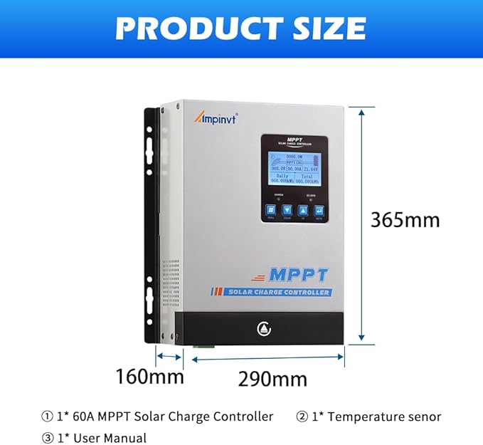 Ampinvt MPPT Solar Charge Controller 60A 12V 24V 36V 48V Battery System AutoMax Input 150V PV Solar Panel Regulator for AGM Sealed Gel Flooded Lithium Battery