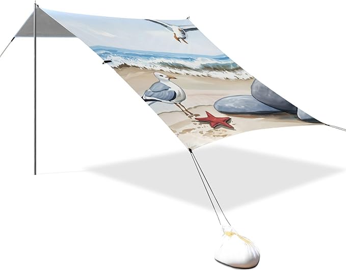 Beach Canopy with Windproof Ropes &amp Sandbags Beach Tent Sun Shade Sun Shelter for Camping Trips Fishing Backyard Fun or Picnics Seagull