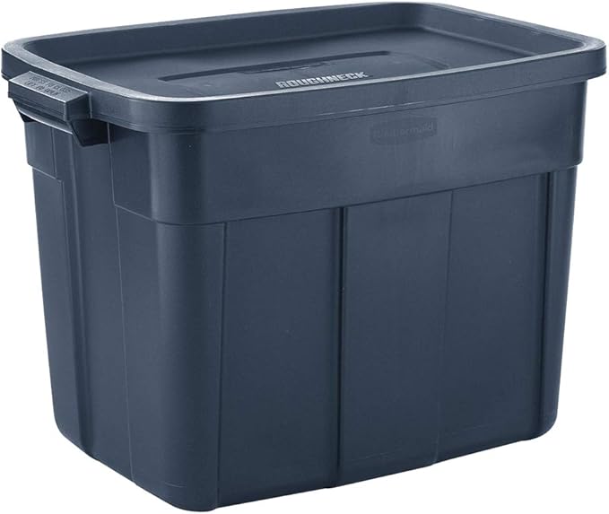 Rubbermaid Roughneck Tote Variety - |Made in the USA| Dark Indigo Metallic Rugged Plastic Stackable Storage Tote with Lid and Handles (Pack of 10)